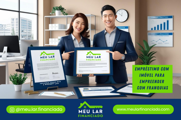 Casal feliz assinando contrato de franquia após obter empréstimo com imóvel.