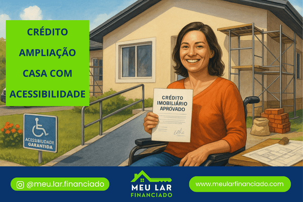 Mulher em uma cadeira de rodas, em frente a casa geminada com rampa acessível, feliz com projeto de ampliação aprovado.