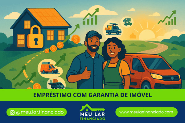 Família sorridente ao lado de veículo utilitário financiado com garantia de imóvel, em cenário de progresso e segurança financeira.