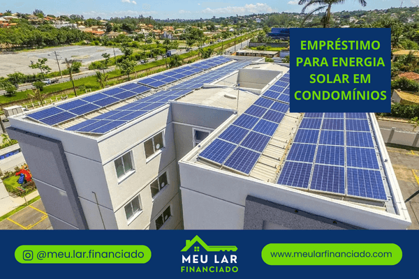 Vista aérea de prédio com painéis solares no telhado representando empréstimo para energia solar em condomínios