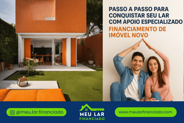Casal feliz em casa moderna ao fundo com chamada para financiamento de imóvel novo e ampliação casa de veraneio