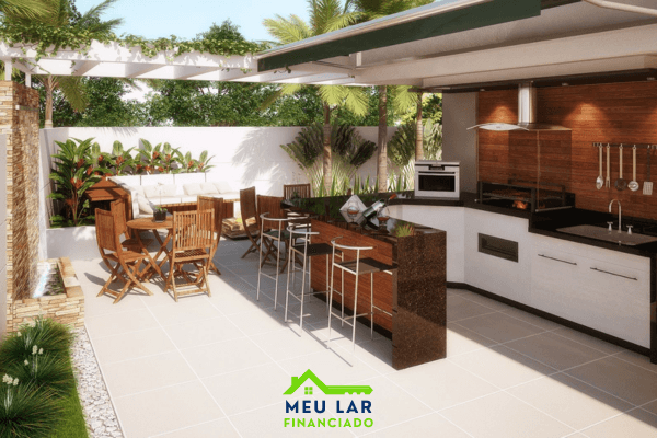 Espaço moderno com churrasqueira e móveis em madeira, ideal para quem busca financiamento casa com área gourmet.