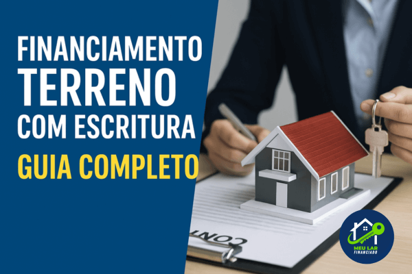 Pessoa segurando chaves e assinatura de contrato ao lado de maquete de casa, representando financiamento terreno com escritura.